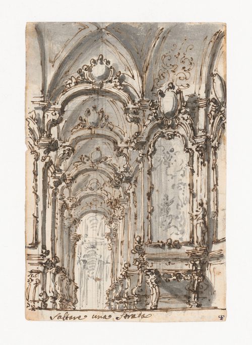 Perspective sketch of a monumental hallway