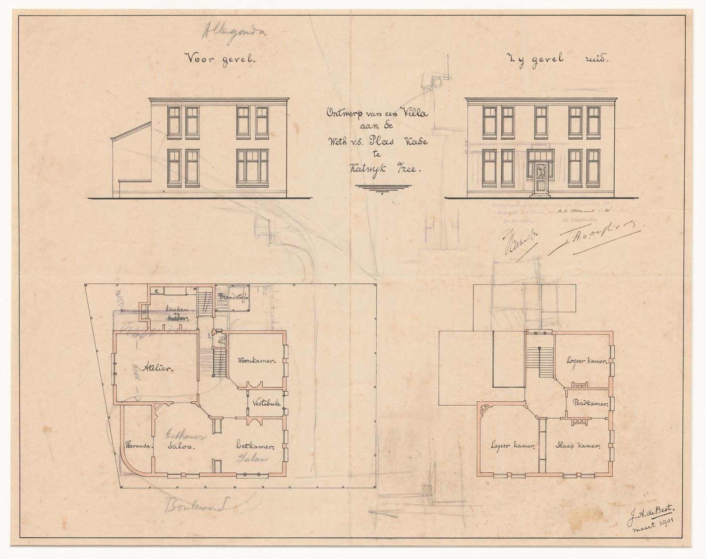Site plan, ground and first floor plans and principal and south elevations for Villa Sigrid annotated with revisions by J.J.P. Oud for Villa Allegonda, Katwijk aan Zee, Netherlands