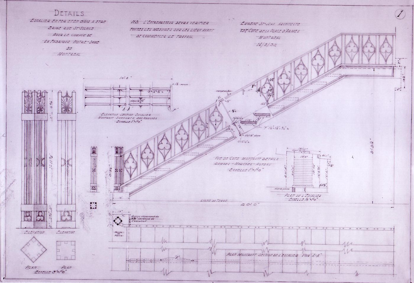 Plans, elevations and details for a balustrade and stairs for a chapel for Notre-Dame de Montréal, apparently for the renovations of 1929-1949, rue Saint-Sulpice
