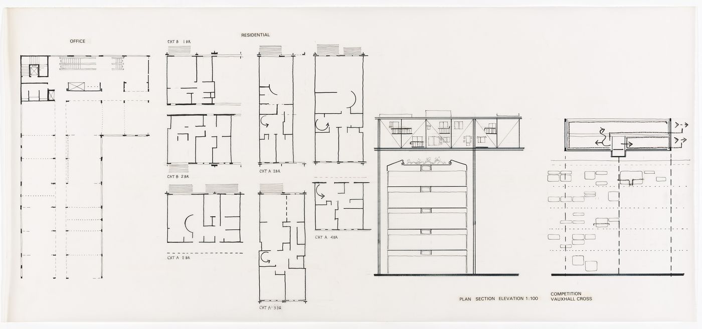 Vauxhall Cross Architectural Design Competition entry: plans, elevation and section