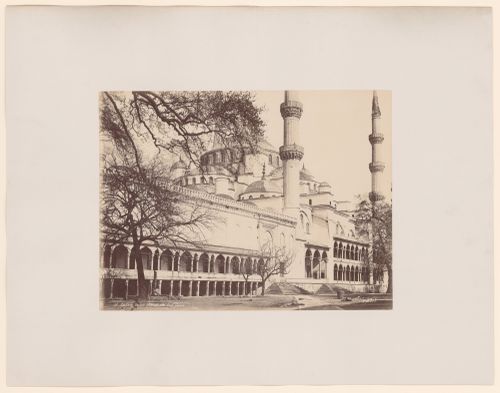 View of the south-west façade of the Sultanahmet Camii (also known as the Blue Mosque), Constantinople (now Istanbul), Ottoman Empire (now in Turkey)