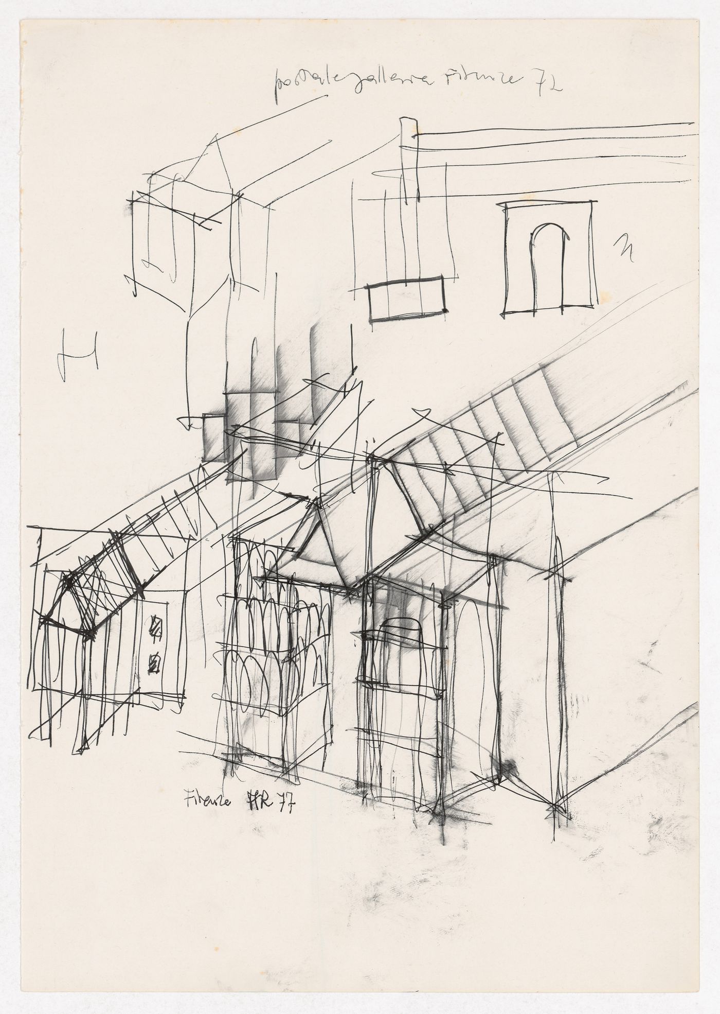 Perspective sketches, sketch elevations and sketch axonometric for Centro Direzionale, Florence