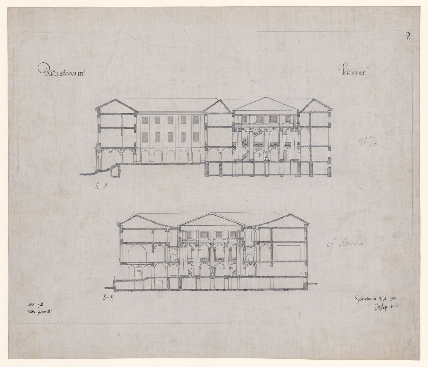 Sections A-A and B-B for the 1918-1925 design for the Göteborgs rådhusets tillbyggnad [courthouse annex], Göteborg, Sweden