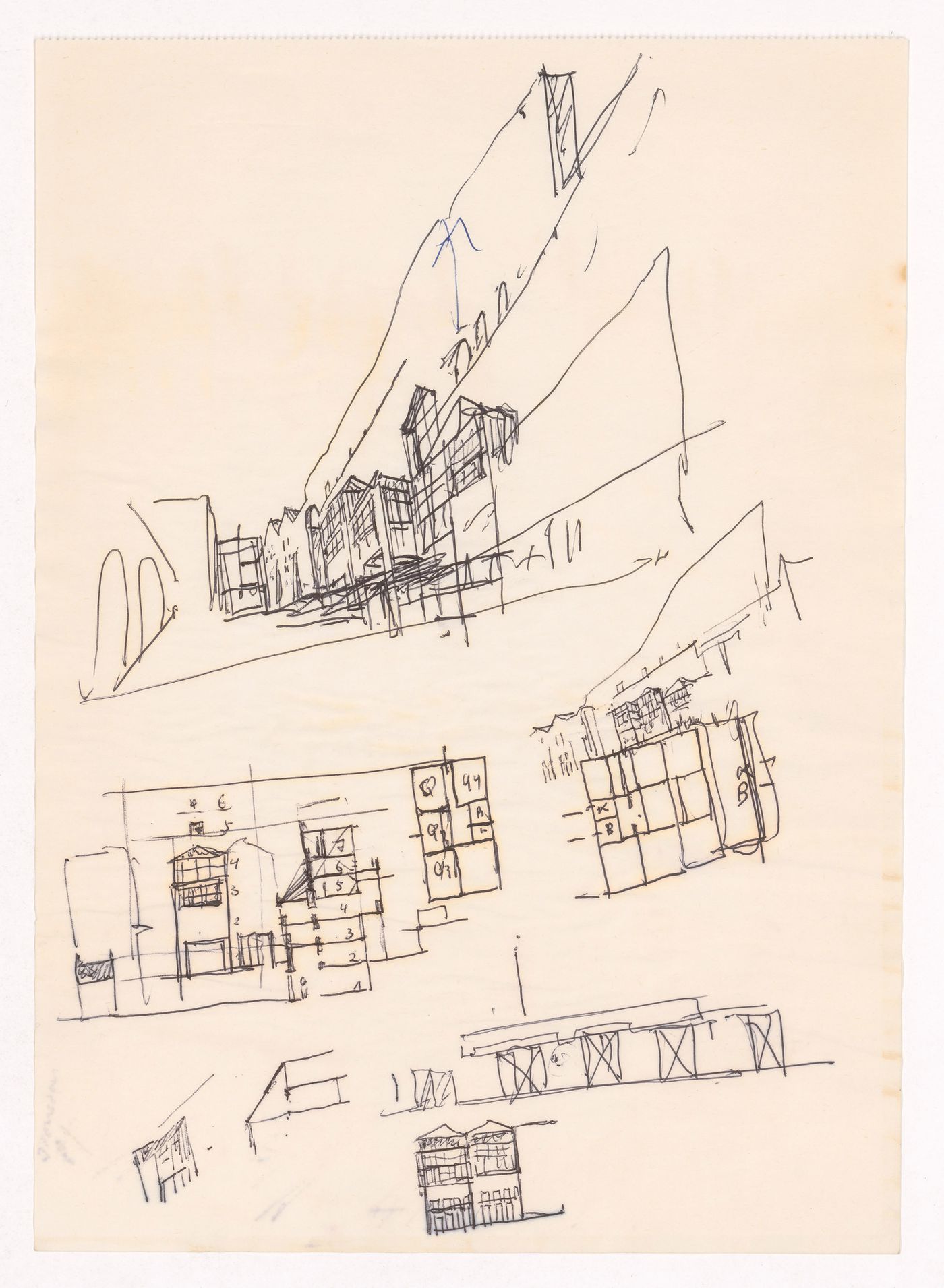 Sketch perspectives and sections for Largo da Lada, Porto, Portugal