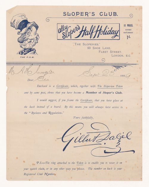 Form letter from the 'Sloper's Club' of London, England