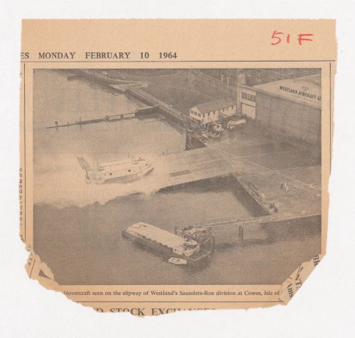 Newspaper clipping from The Times showing a photo of a hovercraft on the slipway of Westland's Saunders-Roe division