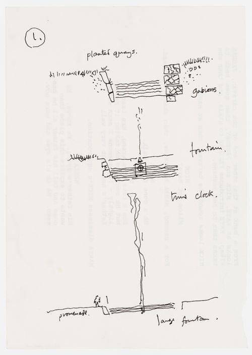 Mills: conceptual sketches for planted quays, fountains, a time clock and a promenade