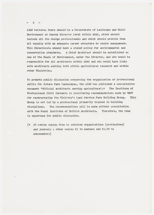 Press release about Farm landscape and professional skills issued by the Architects in Agriculture Group (sheet 2 of 2) (document from the Westpen project records)