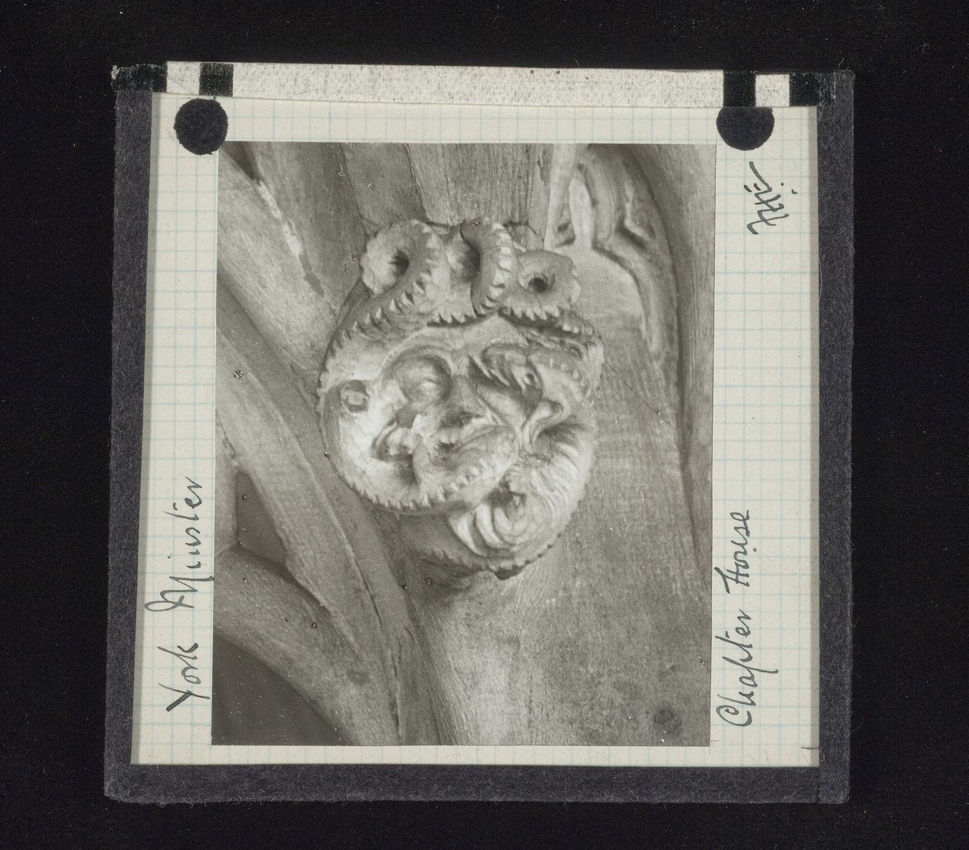 View of grotesque sculpture in Chapter House of York Minster, York, North Yorkshire, England
