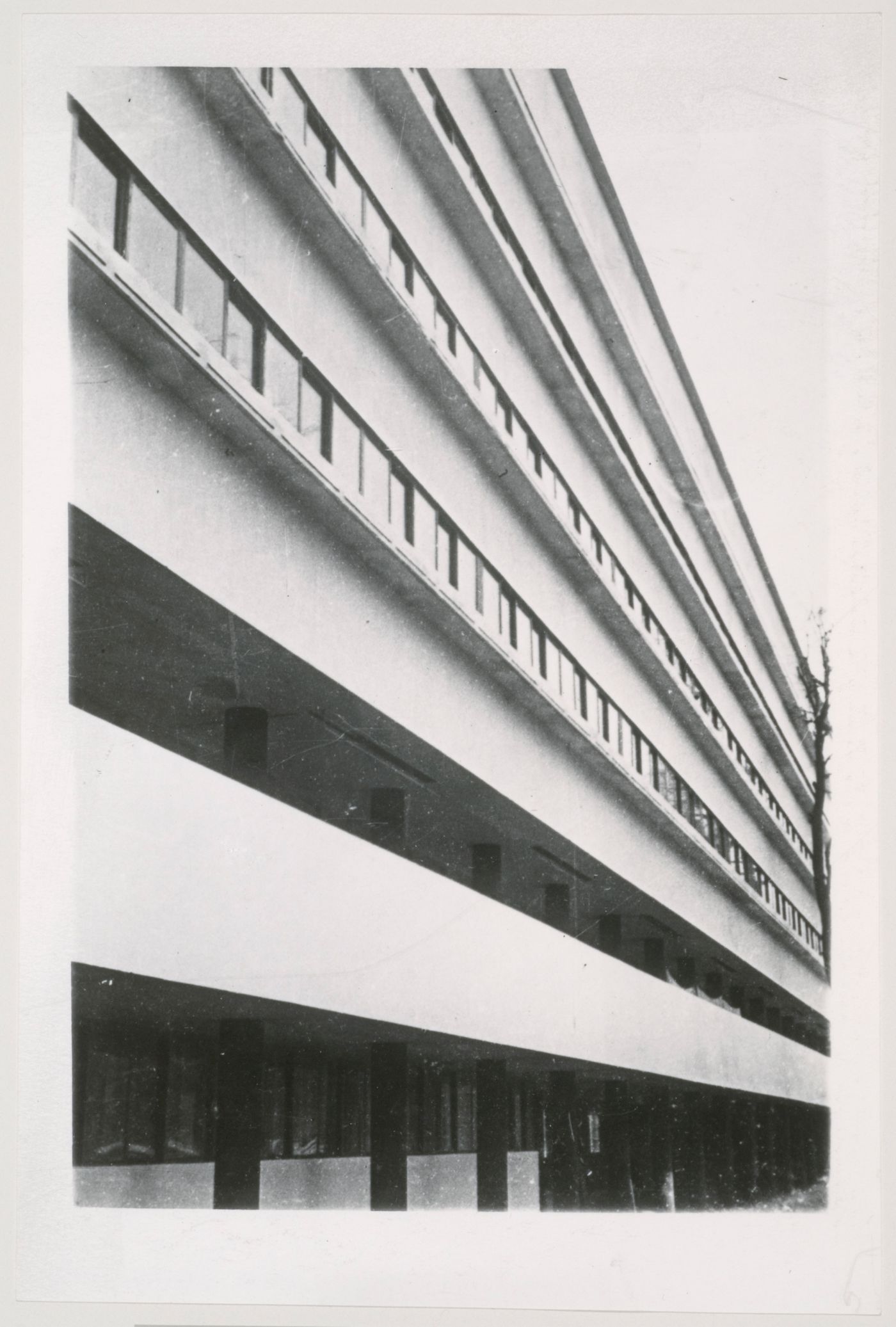 Partial view of the façade of Narkomfin (People's Commissariat for Finance) Apartment Building, 25 Novinskii Boulevard, Moscow