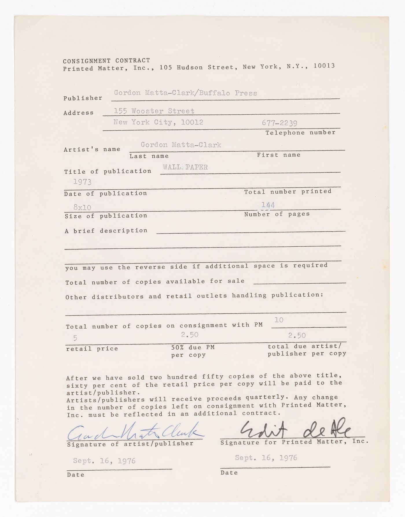 Consignment contract for the publication "Wall Paper"