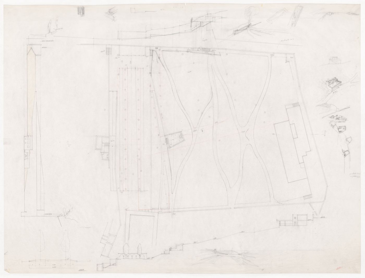 Plan, elevations and sketch details for Parque de Santo Domingo de Bonaval, Santiago de Compostela, Spain
