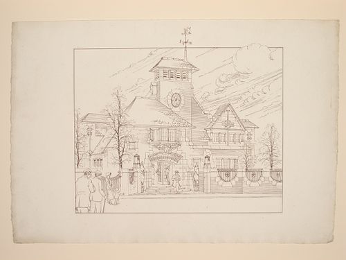 Perspectival view showing the front façade of the proposed reference library, Battersea Borough