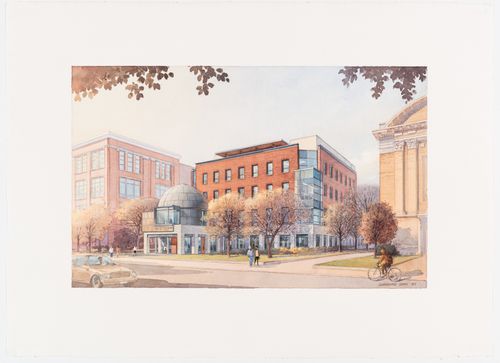 Presentation watercolor of exterior perspective, The Fields Institute, University of Toronto
