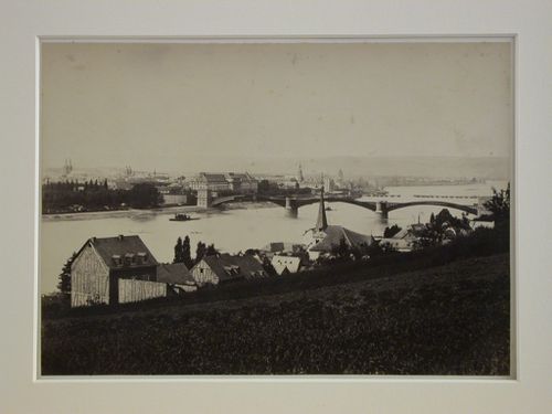Distant view of city from across river, with bridge, Koblenz, Germany