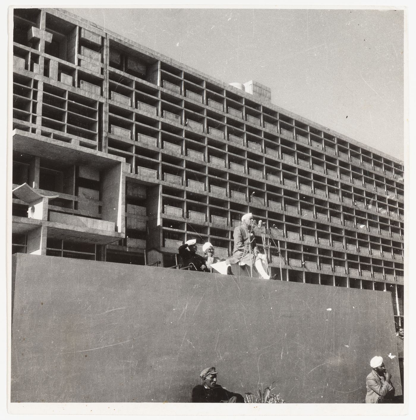 Jawaharlal Nehru speaking in front of the Secretariat Building, Chandigarh, India