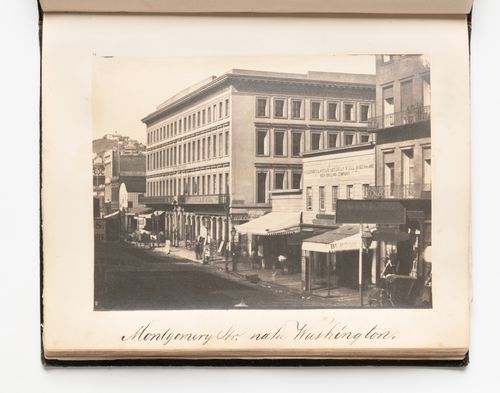 View of stores on the east side of Montgomery Street between Commercial and Washington Streets, San Francisco