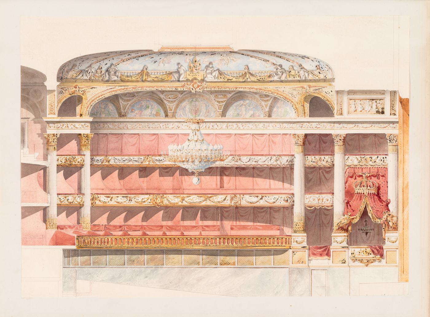 Project for an opera house for the Théâtre impérial de l'opéra: Cross section through the auditorium showing the interior decoration
