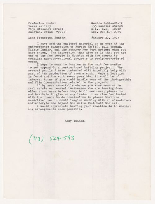 Letter from Gordon Matta-Clark to Frederica Hunter