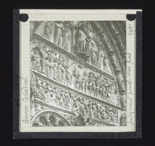Side view of Judgment Day panels of west portal of Cathédrale Saint-Etienne de Bourges, Bourges, France