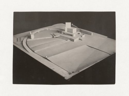 Photograph of a student model on the topic "Voluminous Composition. Major Public Building (View from a Highway) as a Voluminous Composition" for an unidentified course at the Vkhutein (Moscow Higher Technical Institute), Moscow