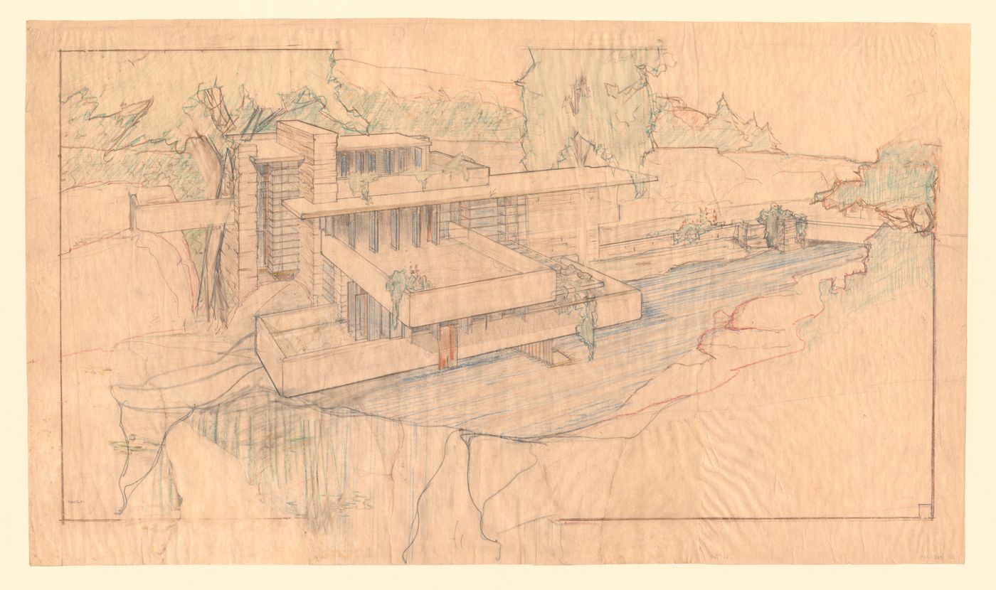Bird's-eye perspective sketch for Fallingwater, Bear Run, Pennsylvania, showing an oblique view of the south elevation over the waterfall