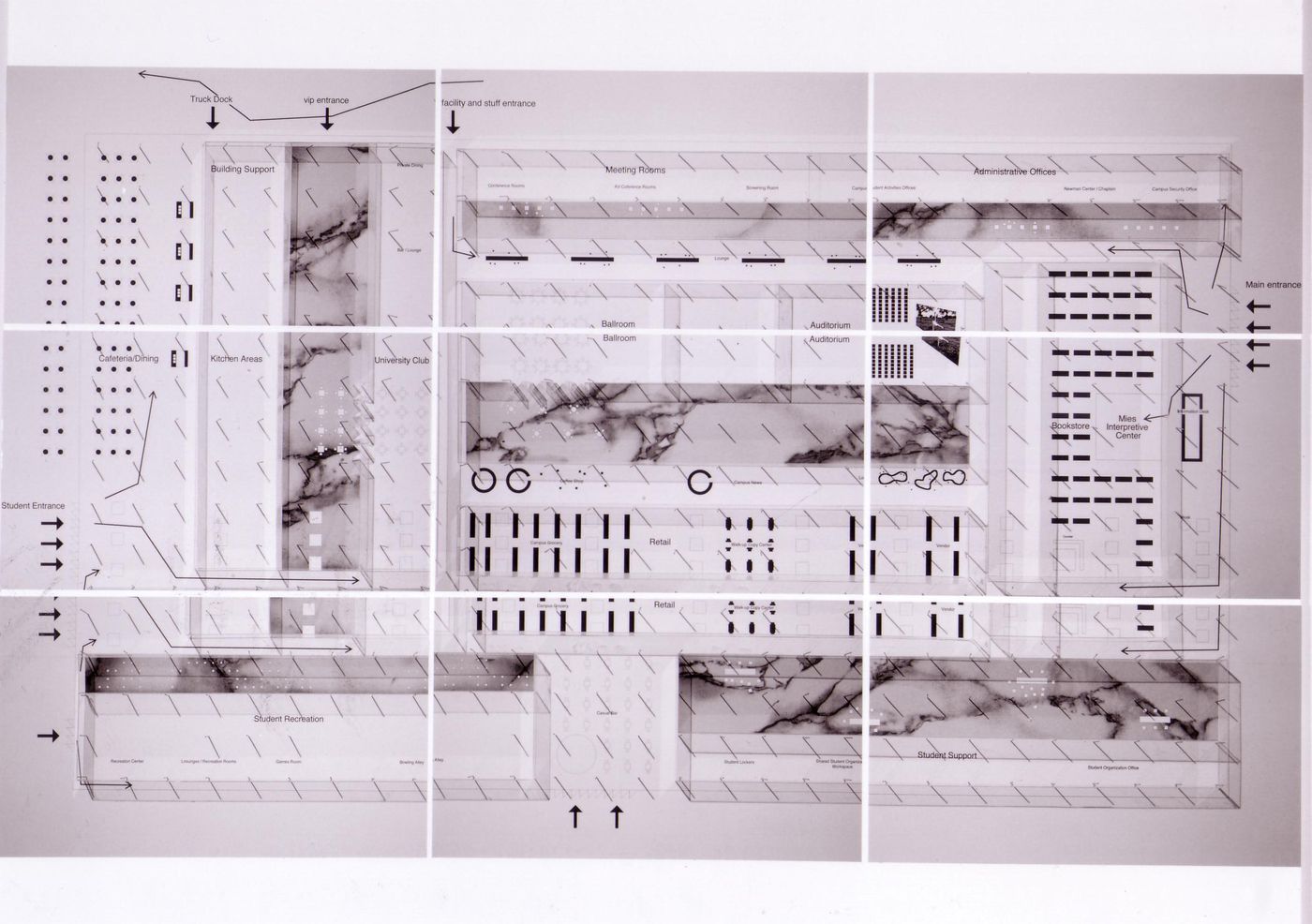 View of model from above with main spaces identified, submission to the Richard H. Driehaus Foundation International Design Competition for a new campus center (1997-98), Illinois Institute of Technology, Chicago, Illinois