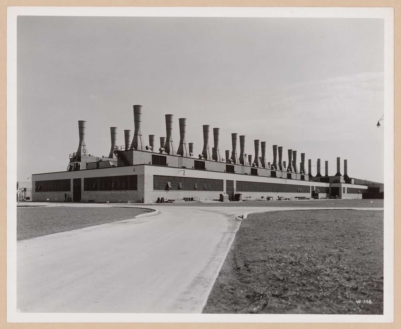 View of the north and west façades of the Test Cells, General Motors Corporation Buick division Airplane Engine Assembly Plant, Melrose Park, Illinois