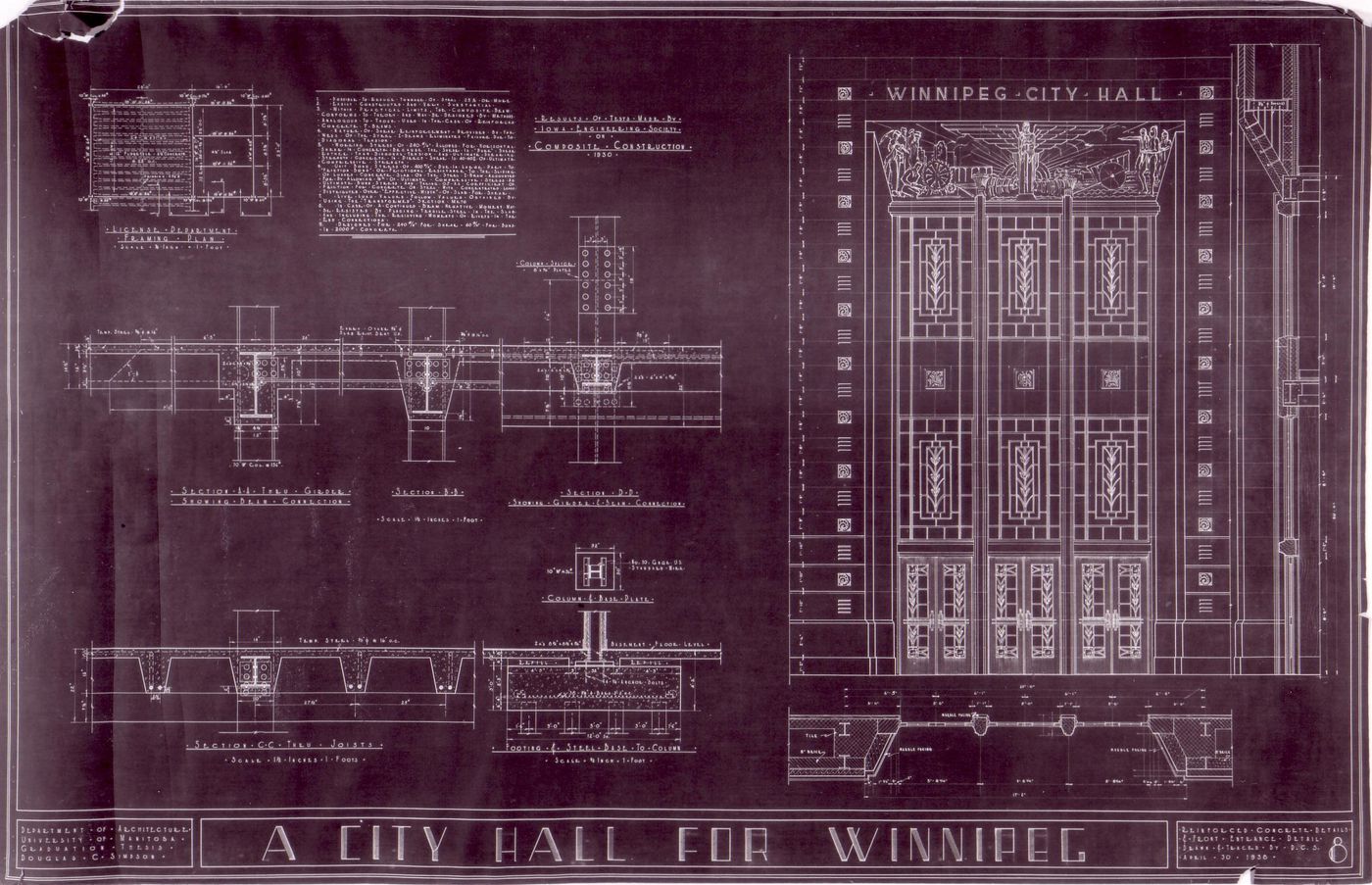 A City Hall for Winnipeg: Reinforced concrete details and front entrance details