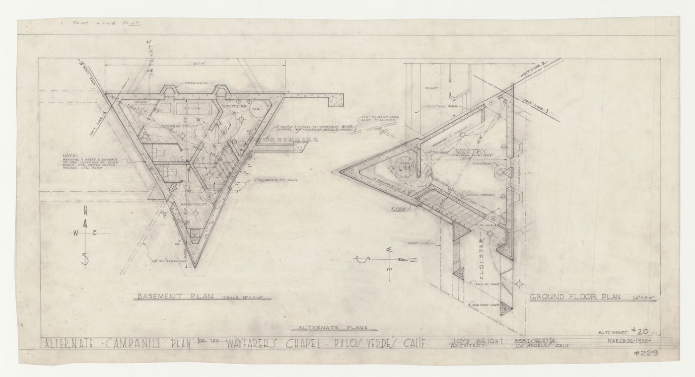 Wayfarers' Chapel, Palos Verdes, California: Plans for basement and ground floor for the vestry and campanile