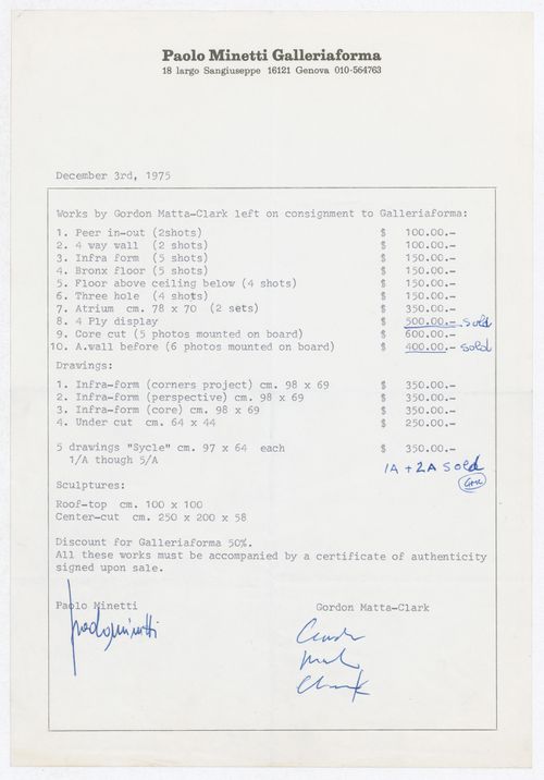 Contract for works left on consignment at Galleriaforma