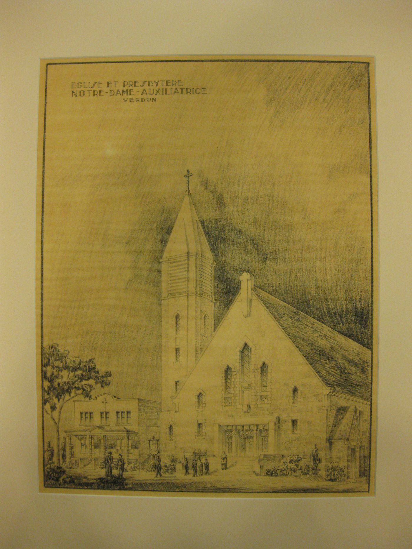 Perspectif de l'église et du presbytère de Notre-Dame-Auxiliatrice à Verdun, Québec