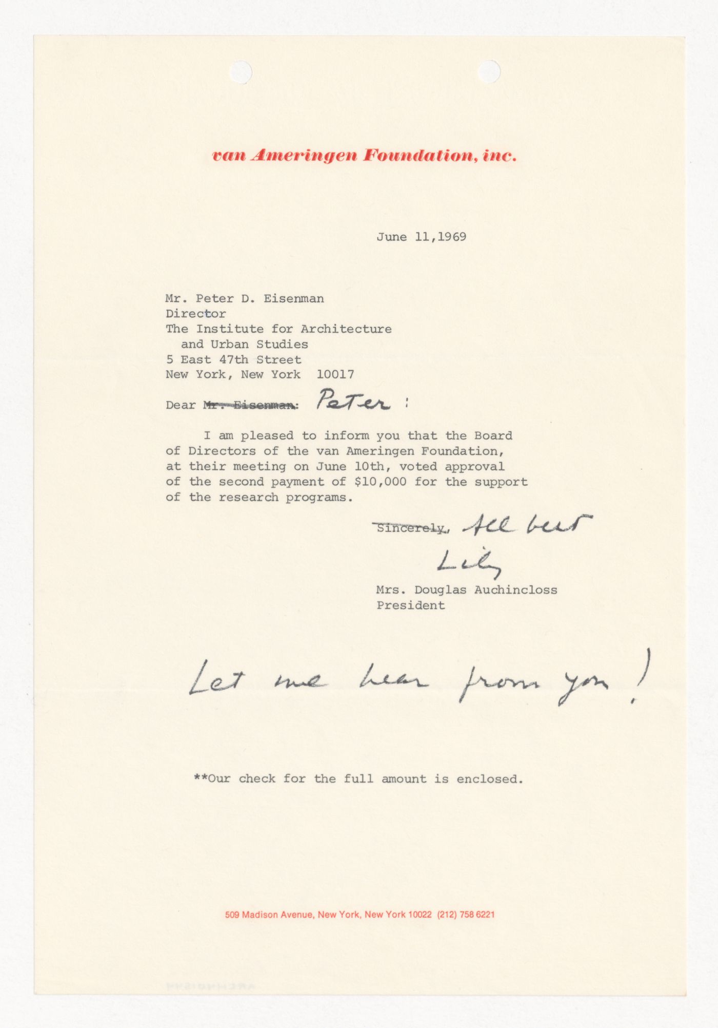 Letter from Mrs. Douglas Auchincloss to Peter D. Eisenman about a grant awarded by the van Ameringen Foundation with annotations by Auchincloss
