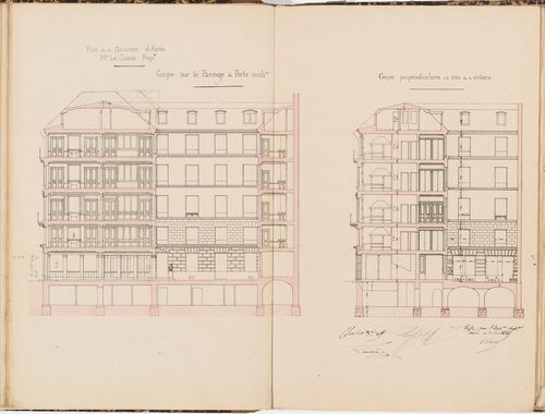 Contract drawing for an apartment house for Monsieur Le Comte, Paris: Longitudinal section through the passage of the "porte cochère", and a cross section through the courtyard