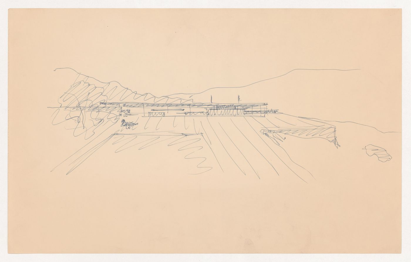 Perspective sketch for the principal elevation for Museum for a Small City with surrounding landscape