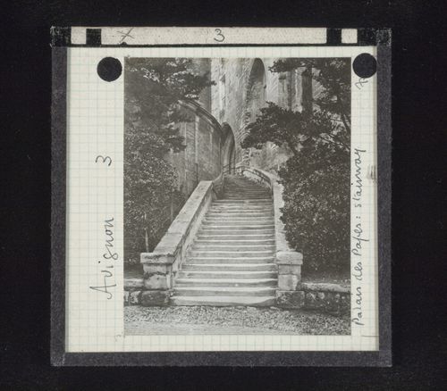 View of outdoor stairs of Palace of the Popes, Avignon, France