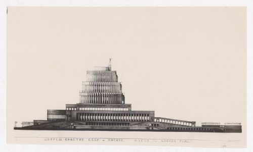 Photograph of an elevation for the fourth round of competition for a Palace of Soviets, Moscow