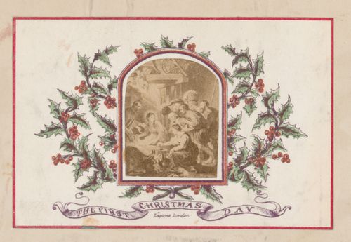 Photograph of a drawing of a nativity scene affixed to a Christmas card