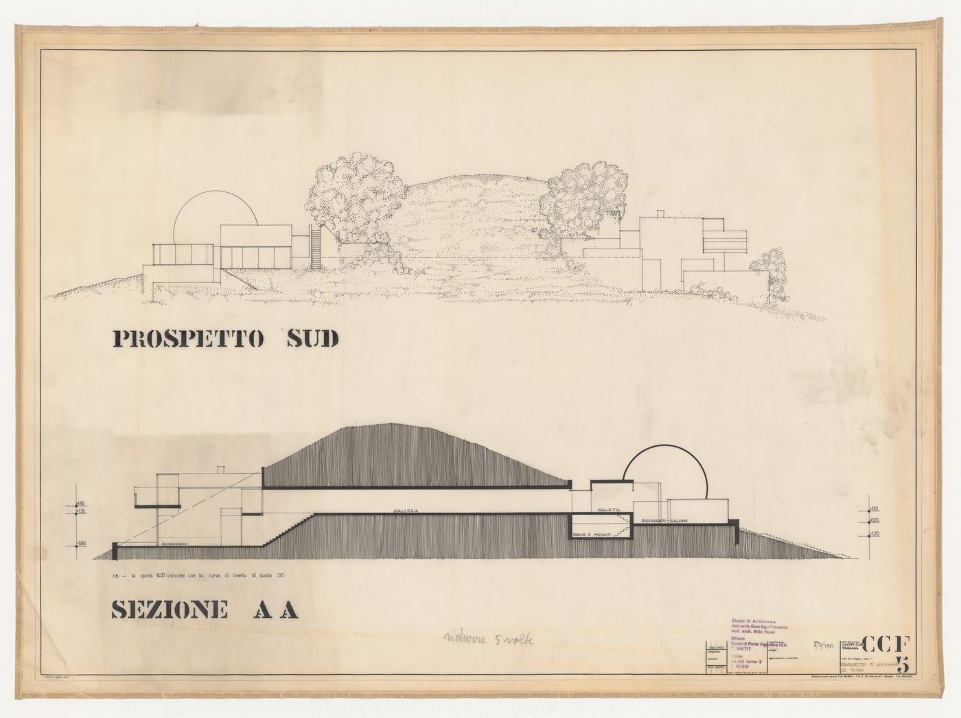 South elevation and section for Country Club, Fagagna, Italy