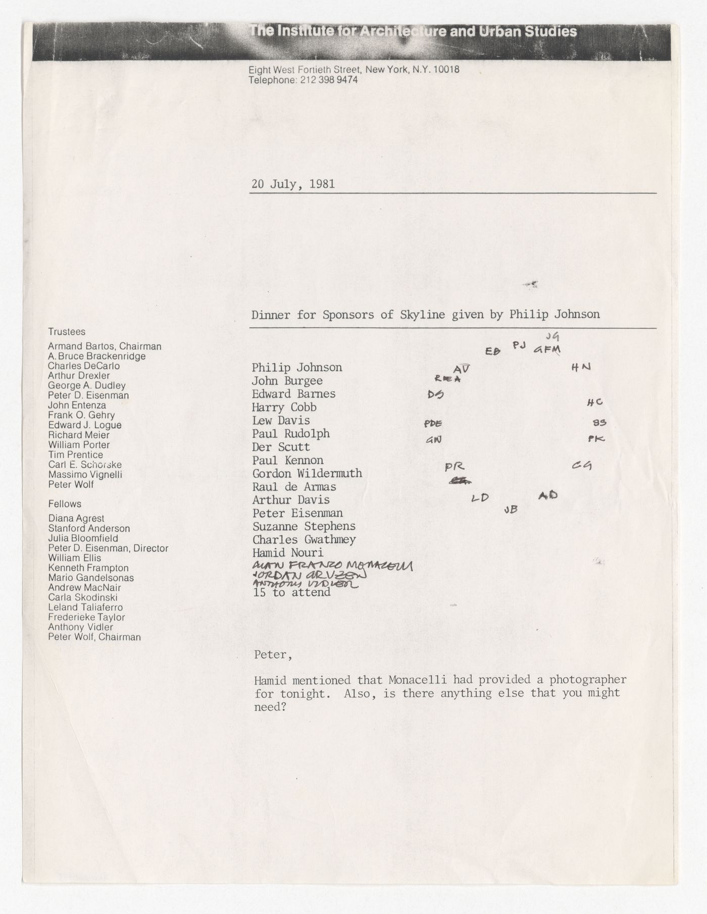 Table setting for dinner for Skyline sponsors given by Philip Johnson with annotations by Peter D. Eisenman