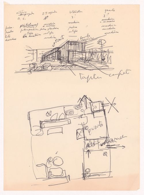 Sketch perspective and plan with annotations for Casa A. Lopes Ribeiro, Remodelação da Torre de Vilarinho, Vila do Conde, Portugal