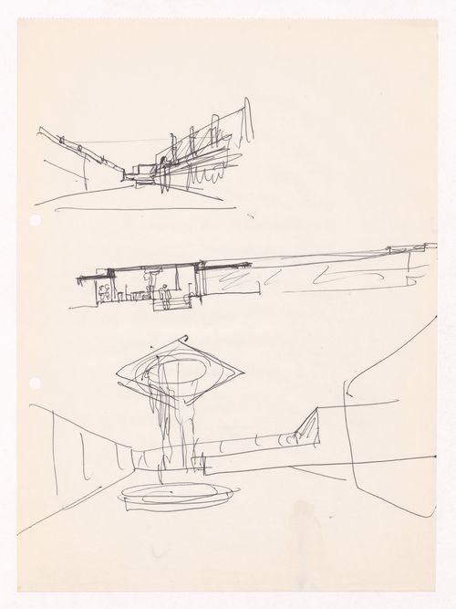 Sketch perspectives and section for Motel em Vale de Canas, Coimbra, Portugal
