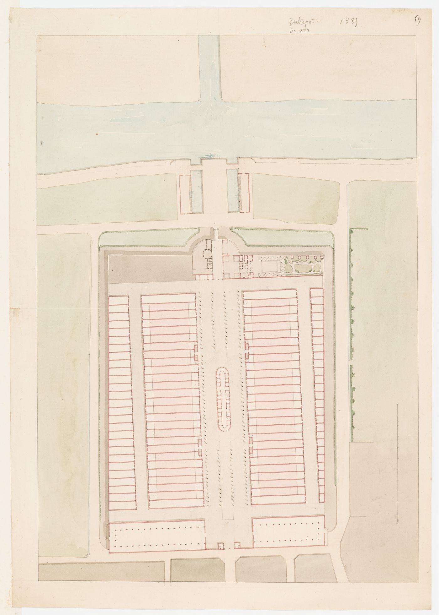Site plan and ground floor plans for an "entrepôt de vins" and a "guinguette"