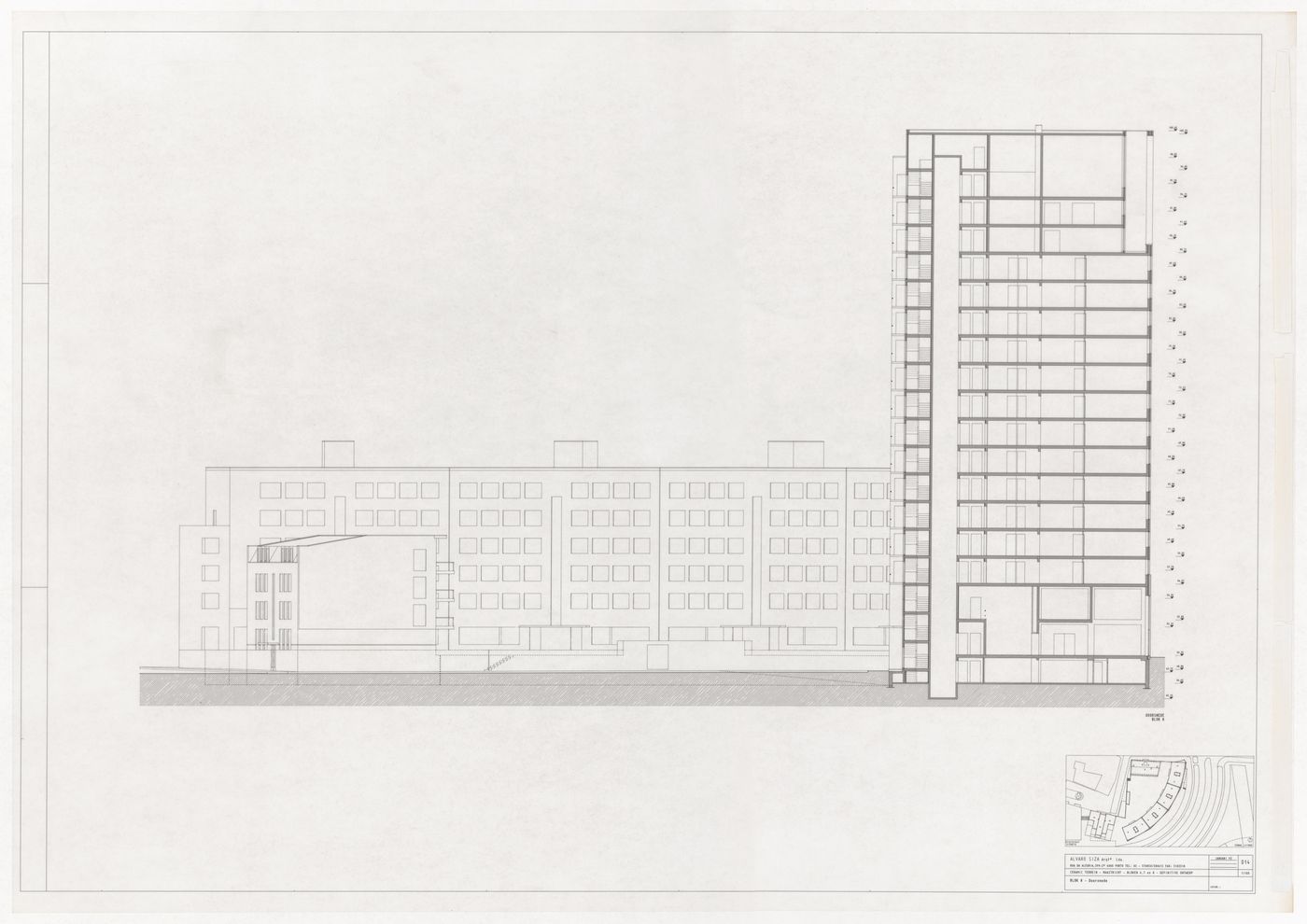 Elevation and section for Ceramique Terrein Blocos de habitação e escritórios, Maastrich, the Netherlands