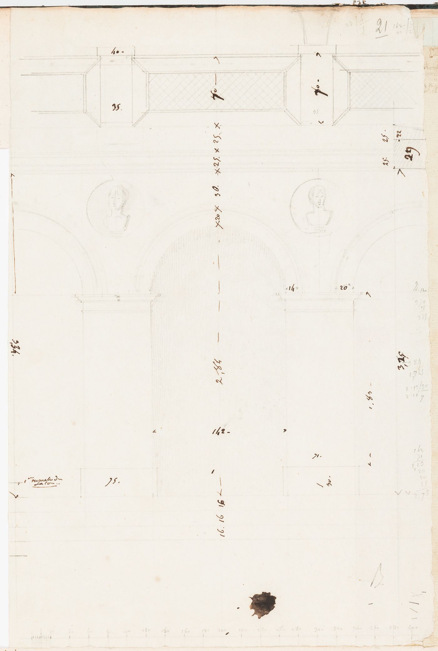 Project for the conversion of Hôtel Soyécourt, Paris, into barracks: Partial elevation and plan for an arcade