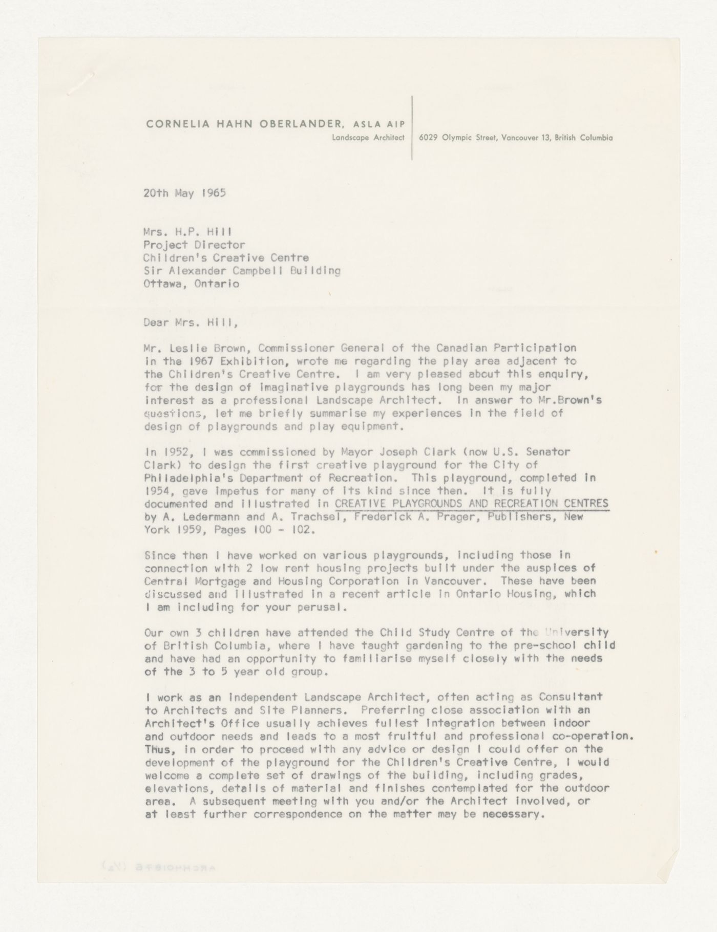 Letter from Cornelia Hahn Oberlander to Project Director expressing interest in designing playground for Children's Creative Centre, Canadian Federal Pavilion, Expo '67, Montréal, Québec