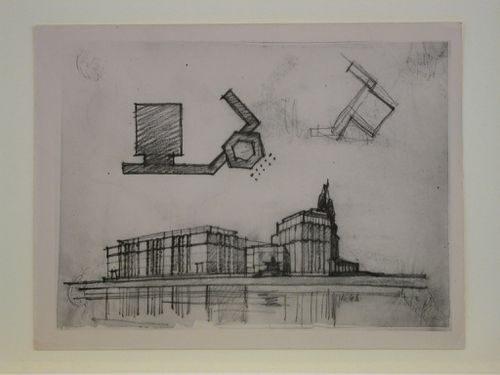 Photograph of a plans and perspective sketches for the Izvestiia newspaper combine, Moscow