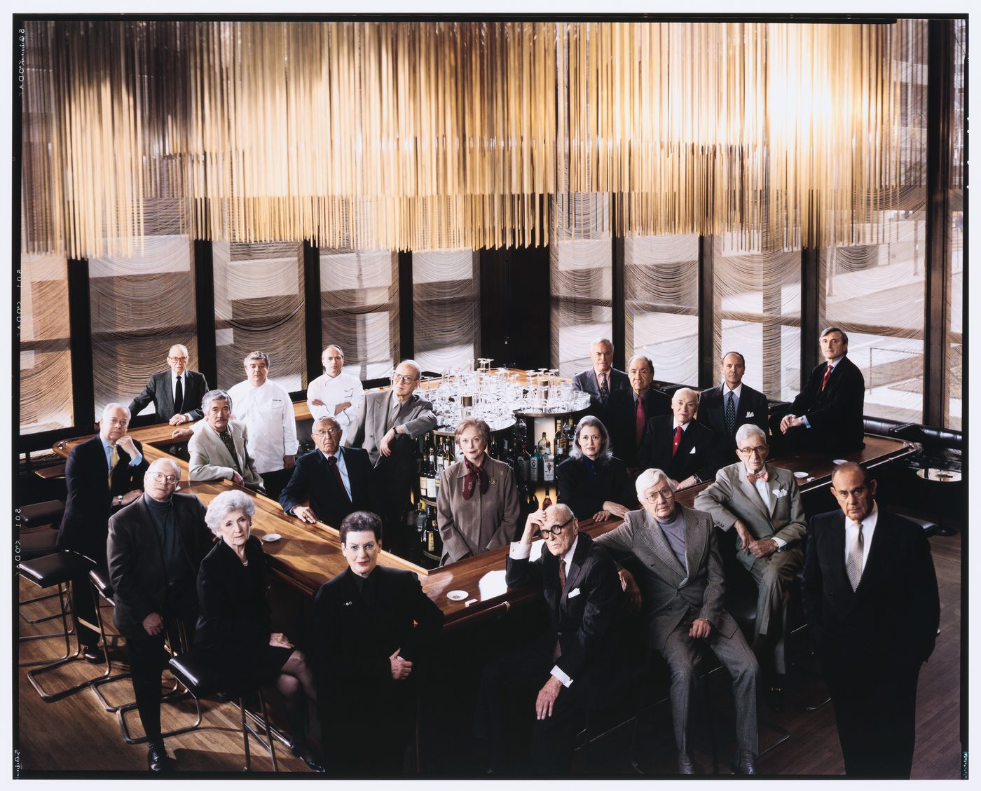 Group portrait of the original creative team of the Four Seasons Restaurant Grill Room, including Phyllis Lambert and Philip Johnson, Restaurant Four Seasons, Seagram Building, New York City, New York, United States