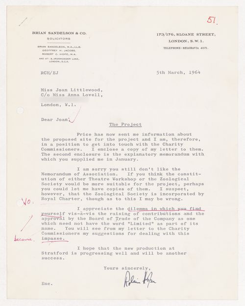 Letter from Brian Sandelson & Co. to Joan Littlewood in care of Miss Anna Lovell regarding the Fun Palace Project