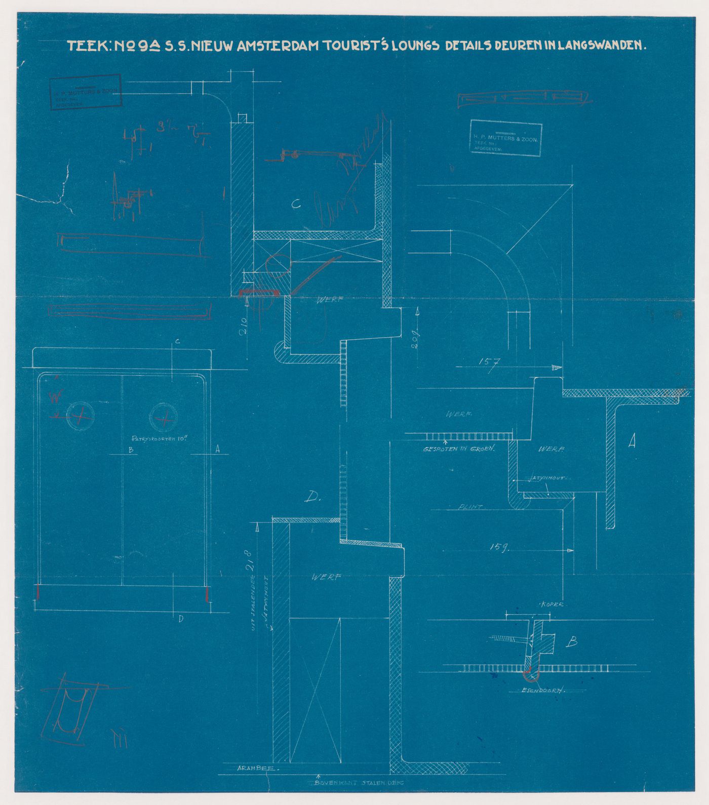 Elevation and partial sections for the tourists' lounge doors for the S.s. Nieuw Amsterdam